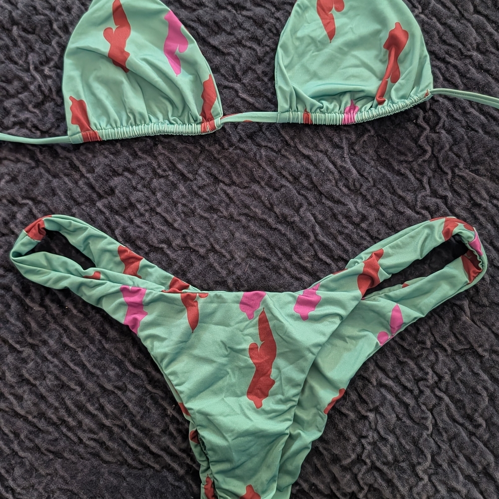 Green Bikini with Pink and Brown Pattern